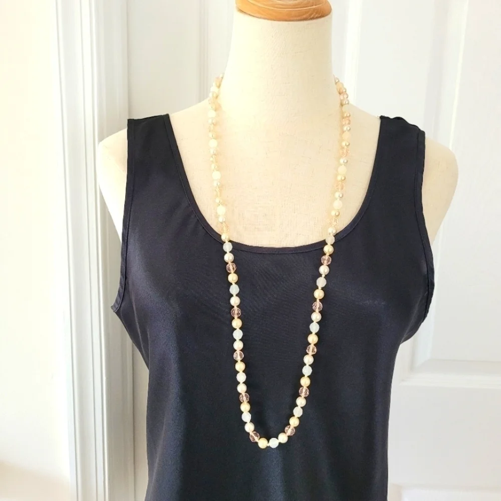 Pink and White Long Beaded Necklace - Picture 1 of 6